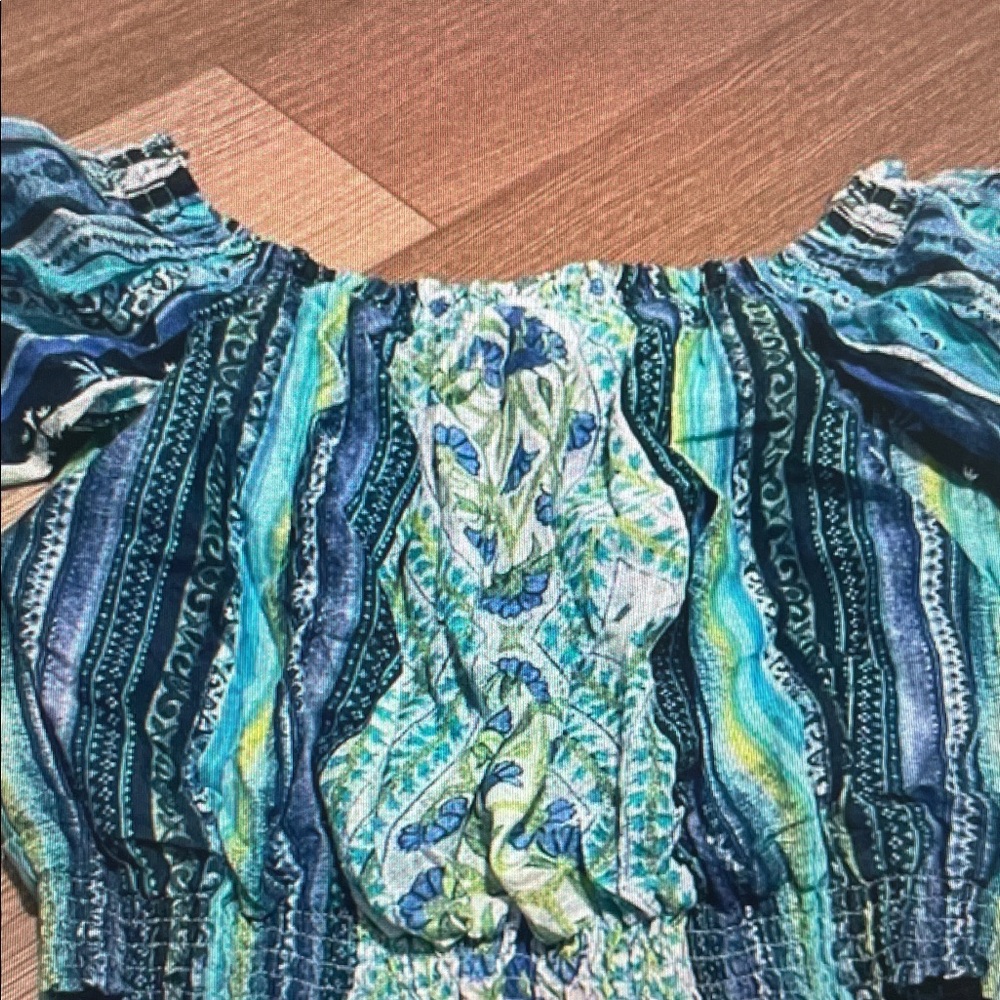 Maison Tara Blue & Green Patterned Off-Shoulder Tunic